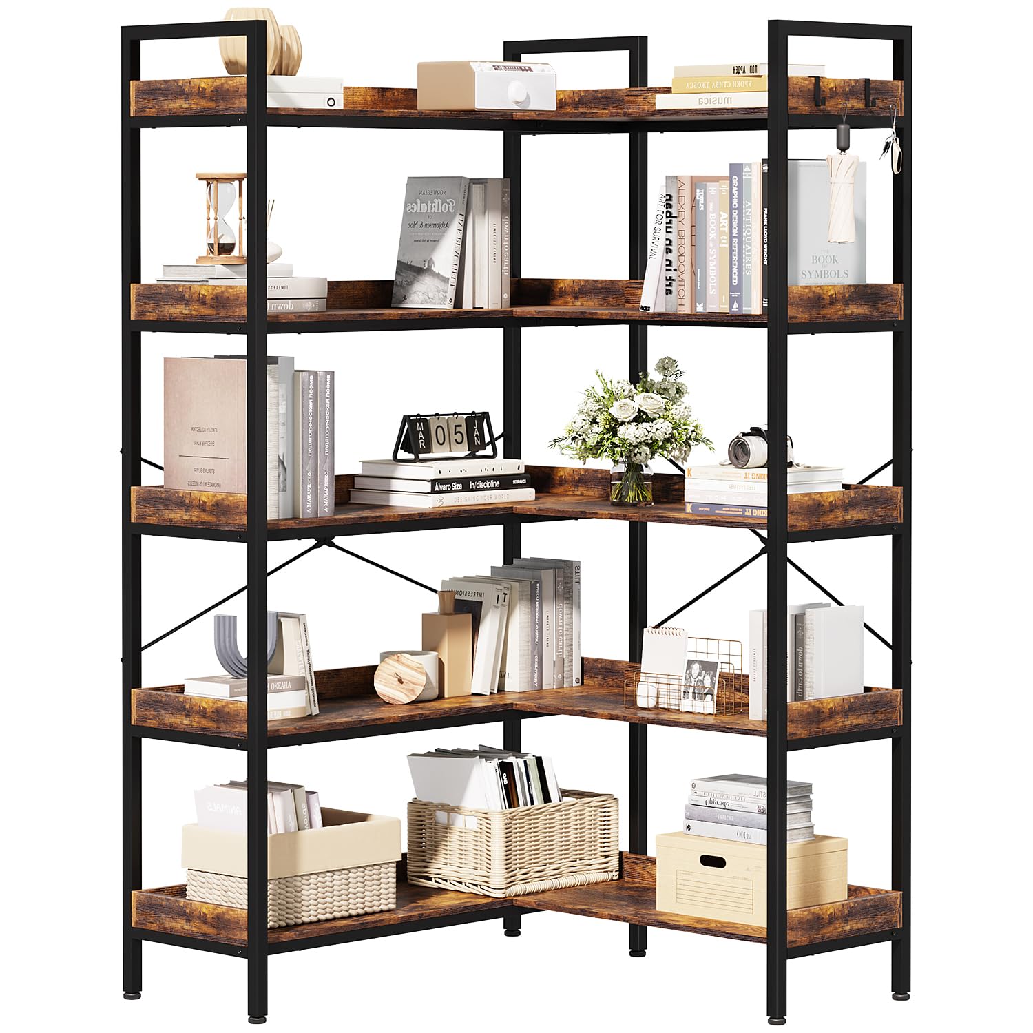 KOUSEI Bookshelf 5-Tier, L-Shaped Reversible Corner Bookshelf, 65" Industrial Wide Open Bookcase with Metal Frame and 4 Hooks for Living Room, Bedroom