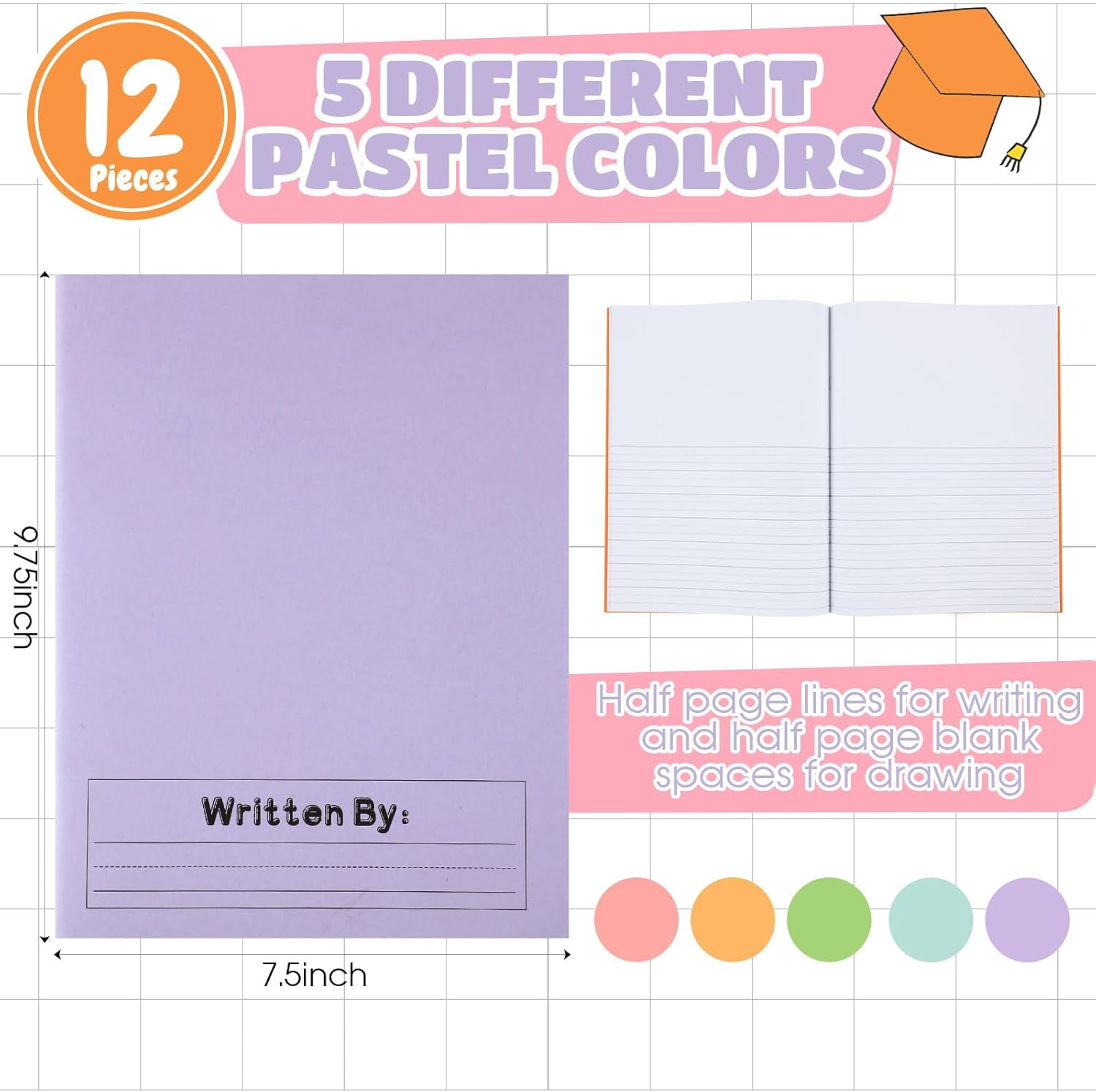Henoyso 12 Pcs Primary Composition Notebook K-2 9 3/4 x 7 1/2 Inch Primary Journal, Notebook for Kids Supplies, Bulk Blank Writing Book for Kid to Write Draw Journal 60 Page (Light Color) - Image 2