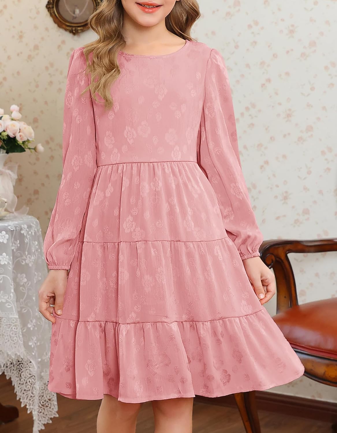 YOVION Girls Fall Long Sleeve Dress Ruffle Tiered A-Line Formal Wedding Party Dresses with Pockets for 6-12 Years - Image 2