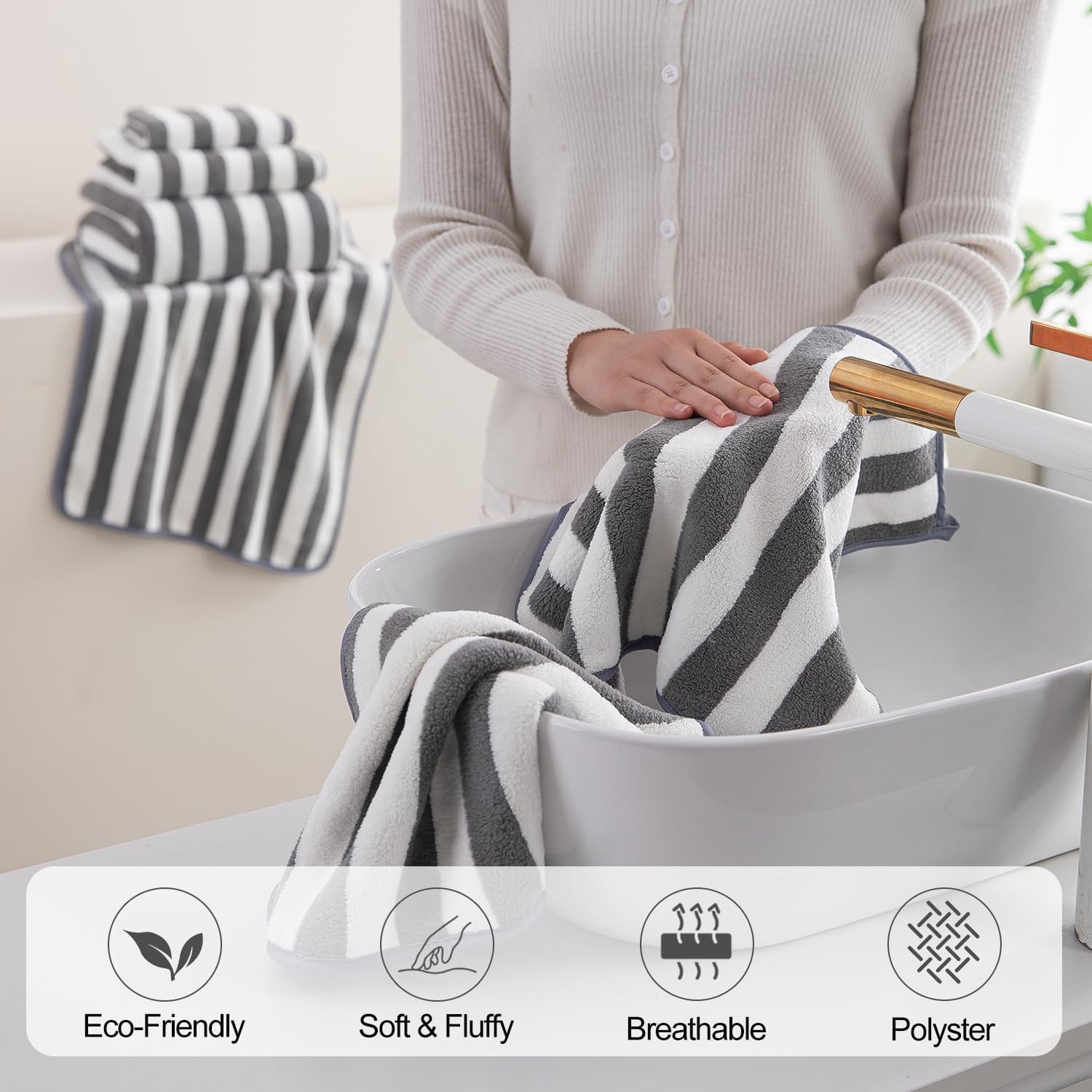 Jarson 18-Piece Striped Bath Towel Set -Highly Absorbent 6 Bath Towels, 6 Hand Towels, 6 Washcloths, Quick Dry Towels for Family Bathroom - Light Grey