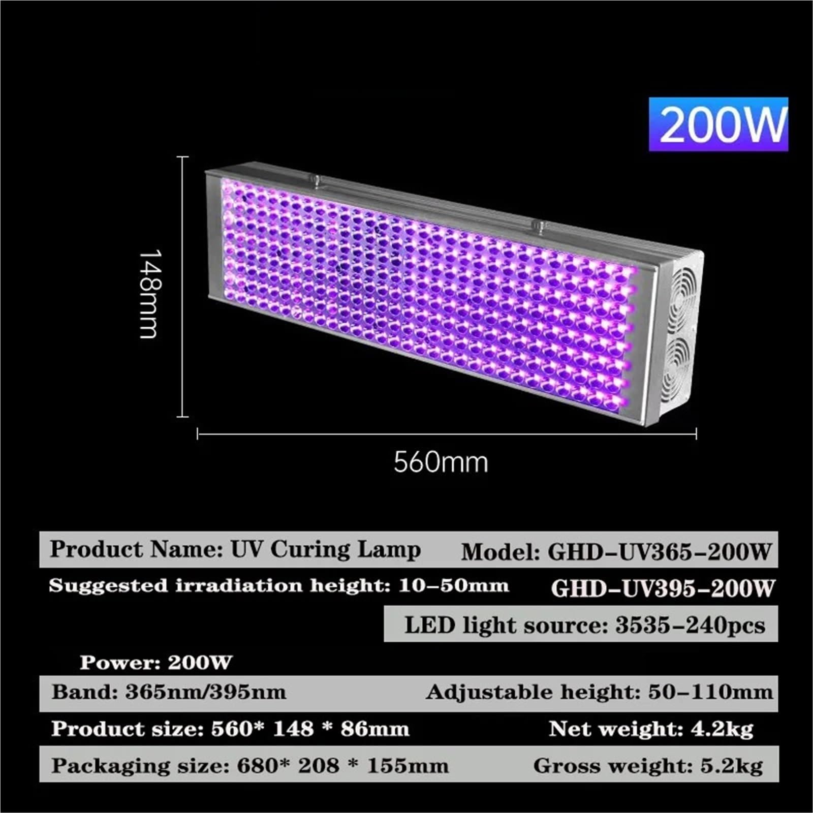 Lampa utwardzająca UV LED Przenośna lampa utwardzająca UV 200 W 395 nm 365 Bezcieniowa do kleju Detekcja fluorescencji na sucho(395nm)