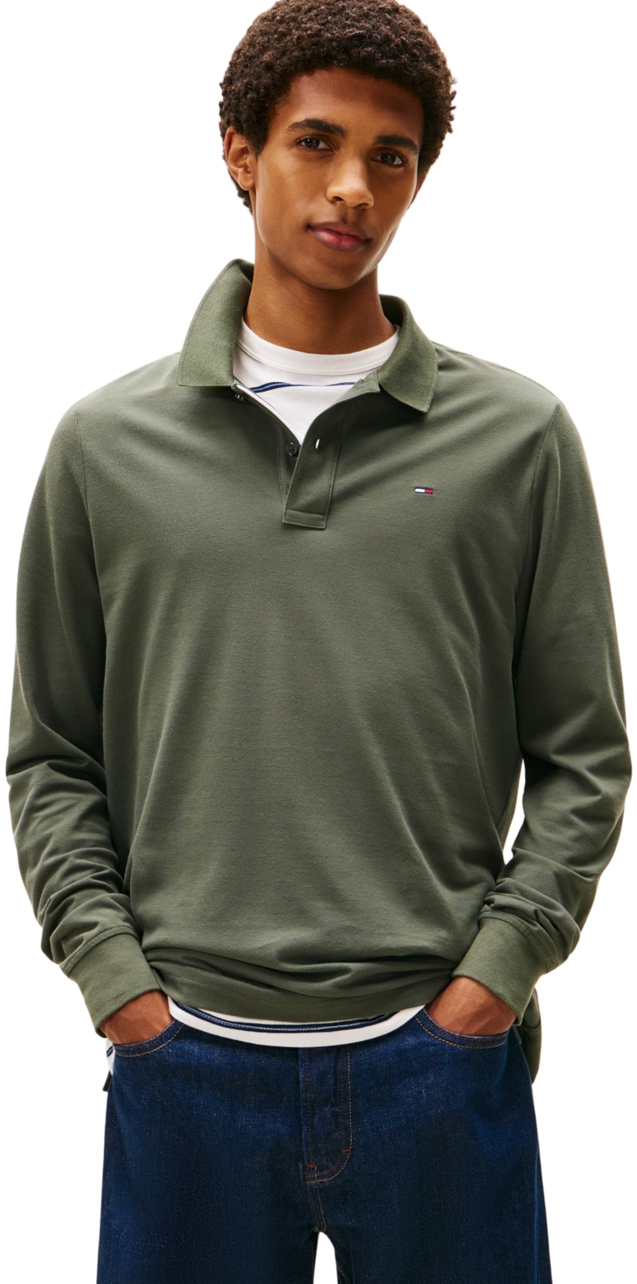 Tommy Jeans Mens TJM Slim Placket Ext Dm0dm20232 L/S Polo, Green (Pewter Green), XS UK
