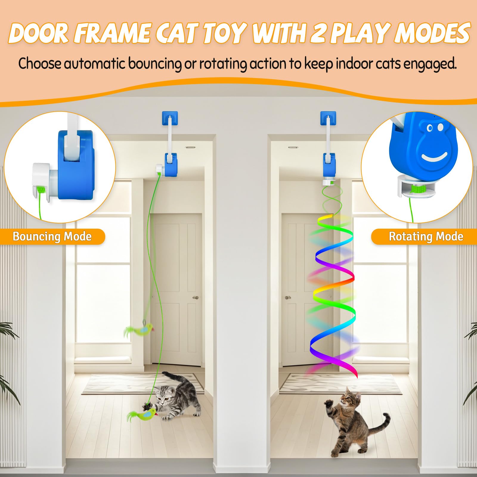 Juguetes interactivos para gatos de interior, marco de puerta colgante automático con pájaro, ratón y plumas, juguete de ejercicio activado por movimiento para gatitos aburridos y gatos adultos