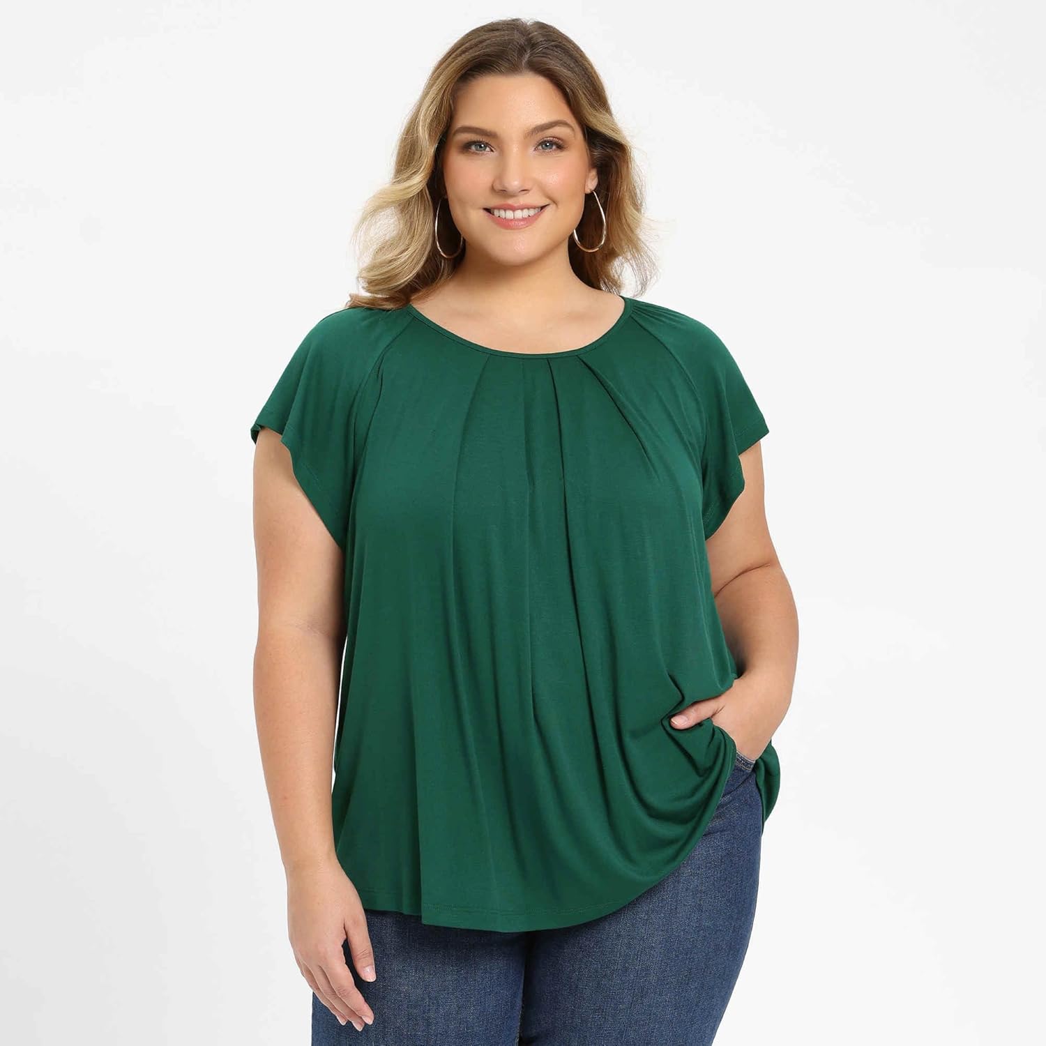 Plus Size Summer Blouse for Women Pleated Ruffle Sleeve Round Neck Dressy Loose Blouses Tops - Image 4