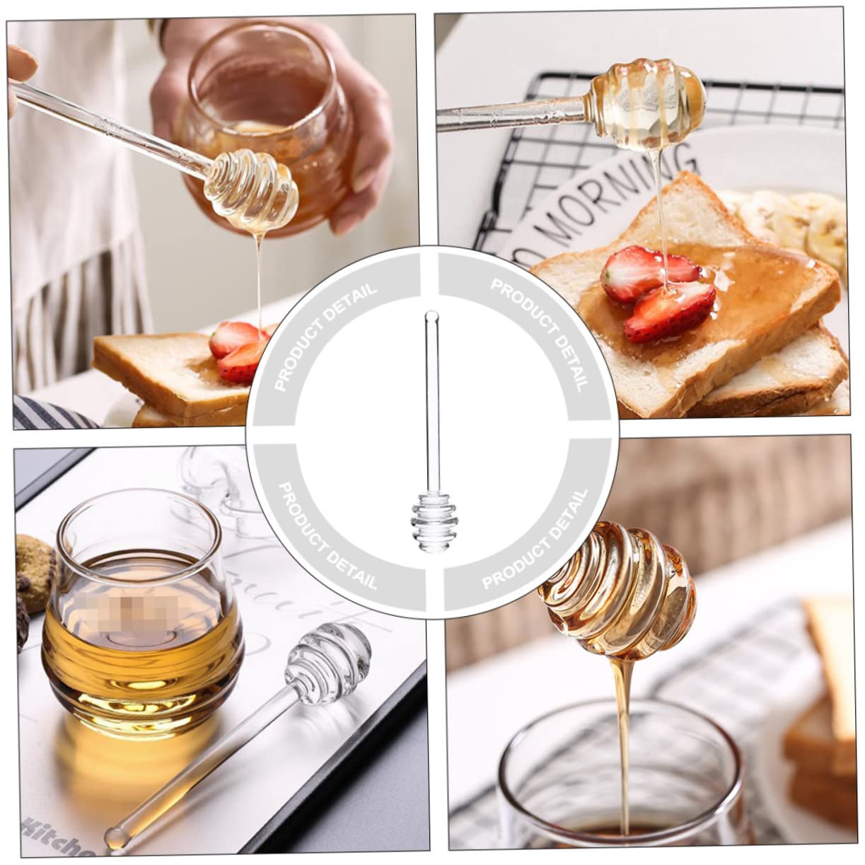 Cabilock 4Pcs Transparent Glass Honey Stirring Sticks Honey Dippers for Tea Jam and Milk Easy to Clean with Deep Grooves for