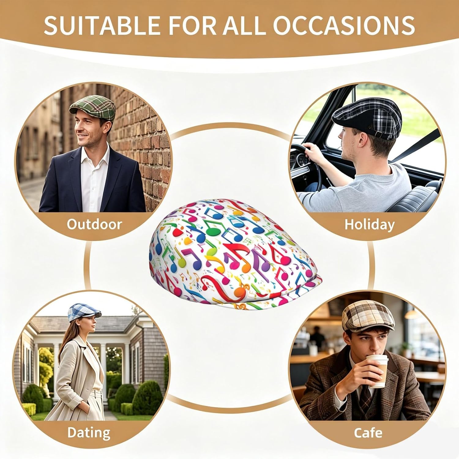 Mens Colorful Music Notes 1 Print Newsboy Cap