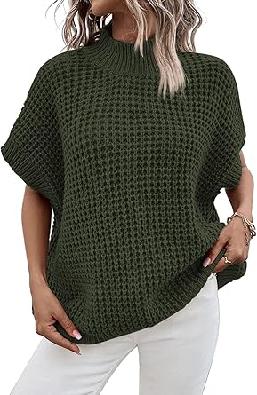 Viottiset Womens Oversized Short Batwing Sleeve Mock Neck Sweater Vest Fall Sleeveless Pullover Knit Sweaters