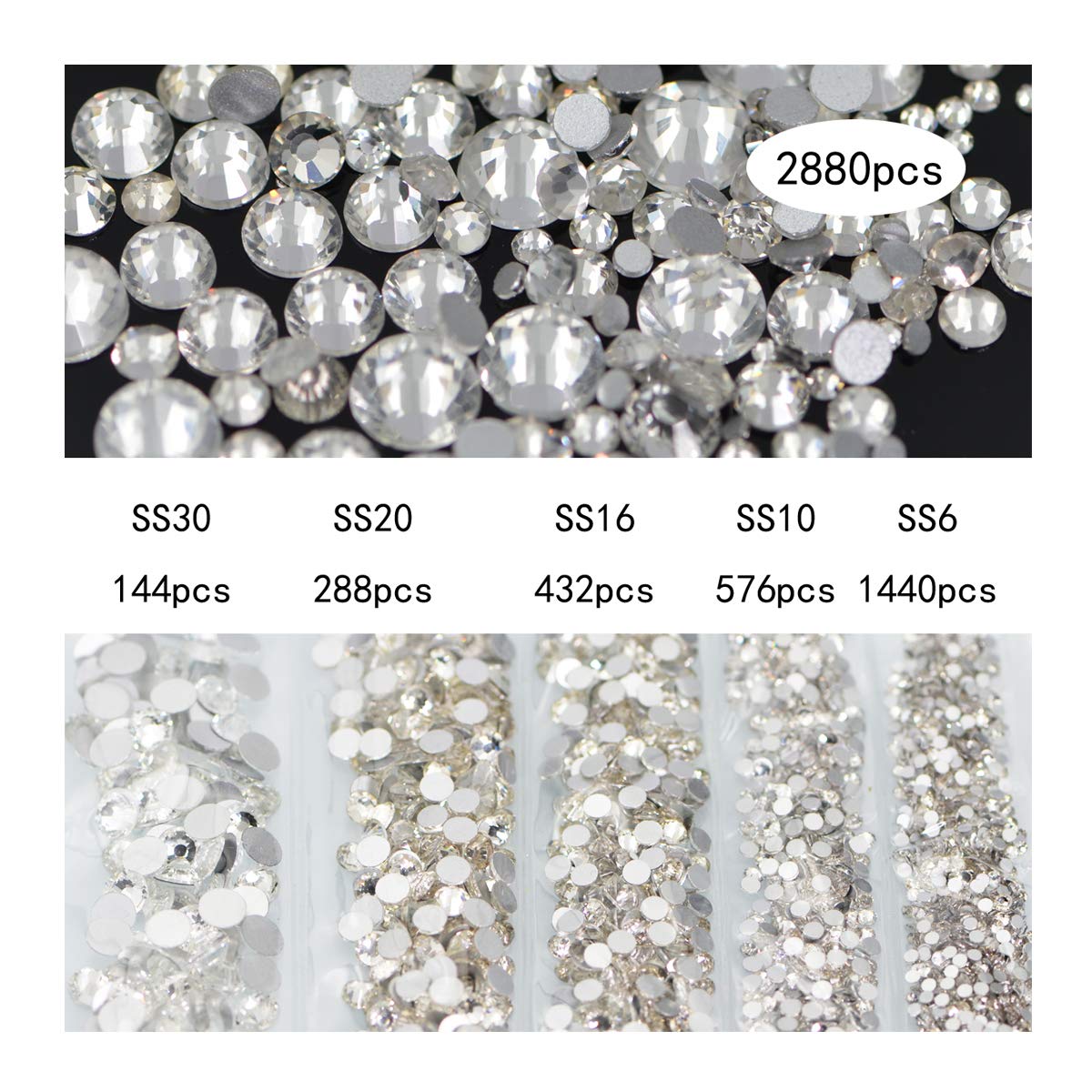 Nancybeads Crystals for Nails Art Craft Flatback Round Rhinestones Non Hotfix Diamonds 3D Glass Charms for Eye Makeup Phone Clothes Shoes Decorations (Clear Mixed Sizes SS6 10 16 20 30 2880pcs)