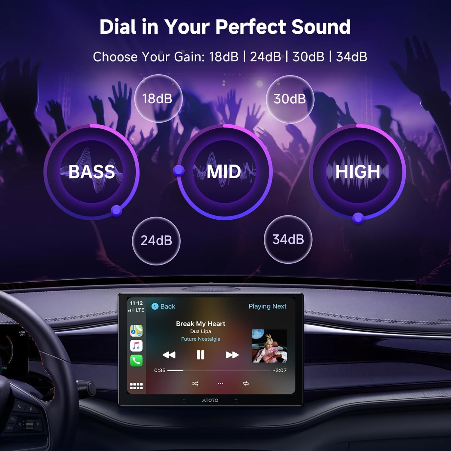 Image demonstrating the customizable 3-band EQ settings for Bass, Mid, and High frequencies on the ATOTOZONE CA-AEC122DL amplifier.