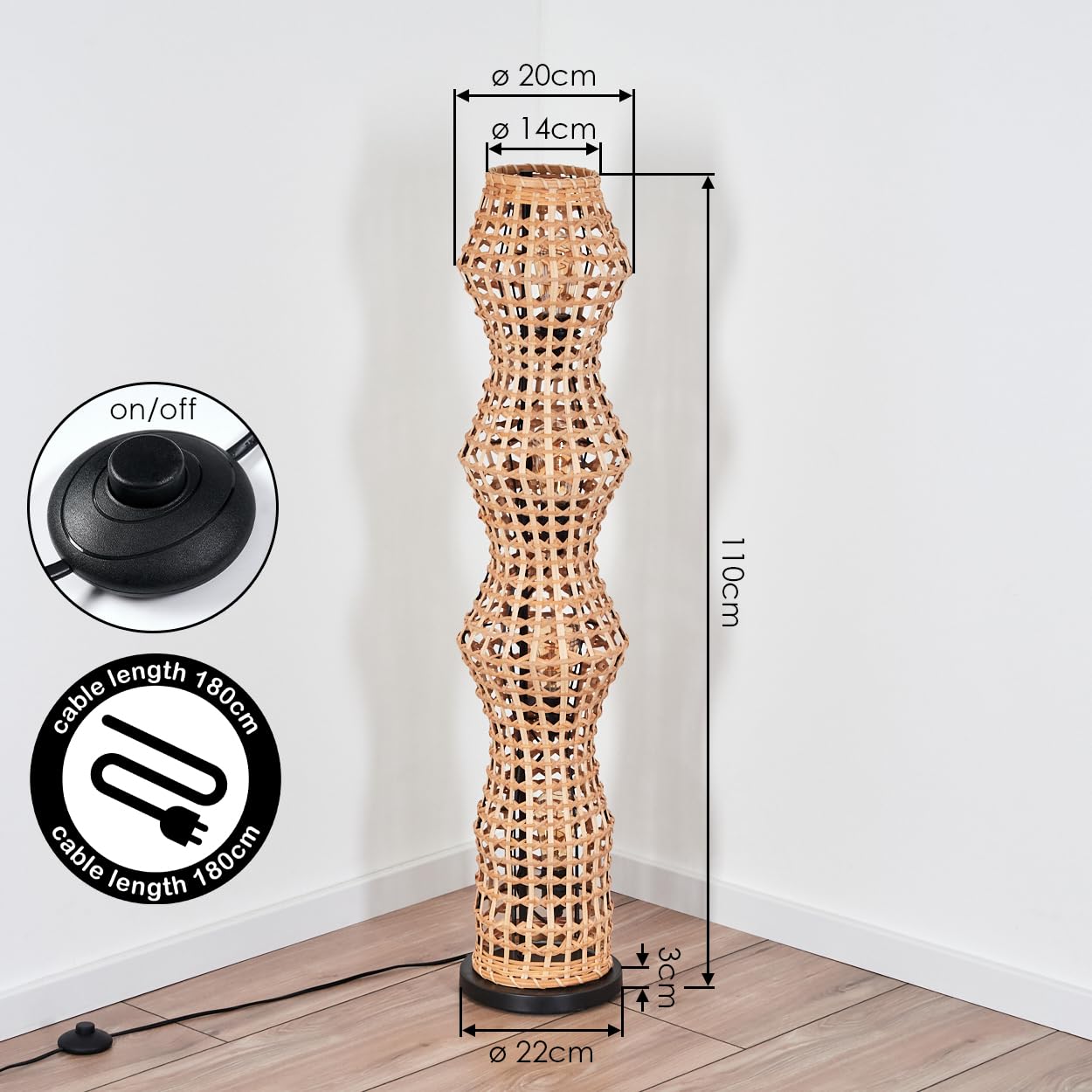 HOFSTEIN Stehleuchte Cardeira, Stehlampe im skandinavischen Design, Boho-Style mit Schirm aus Rattan in Natur und Lichteffekt, E27, Höhe 110 cm, Fußschalter - Wohnzimmer, Schlafzimmer, Esszimmer, Flur