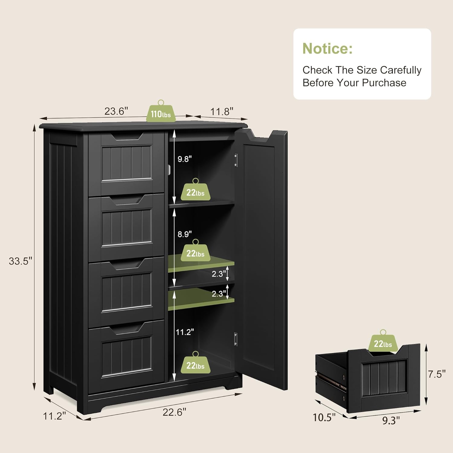 Diagram showing dimensions and weight capacities of the Gizoon Small Pantry Cabinet
