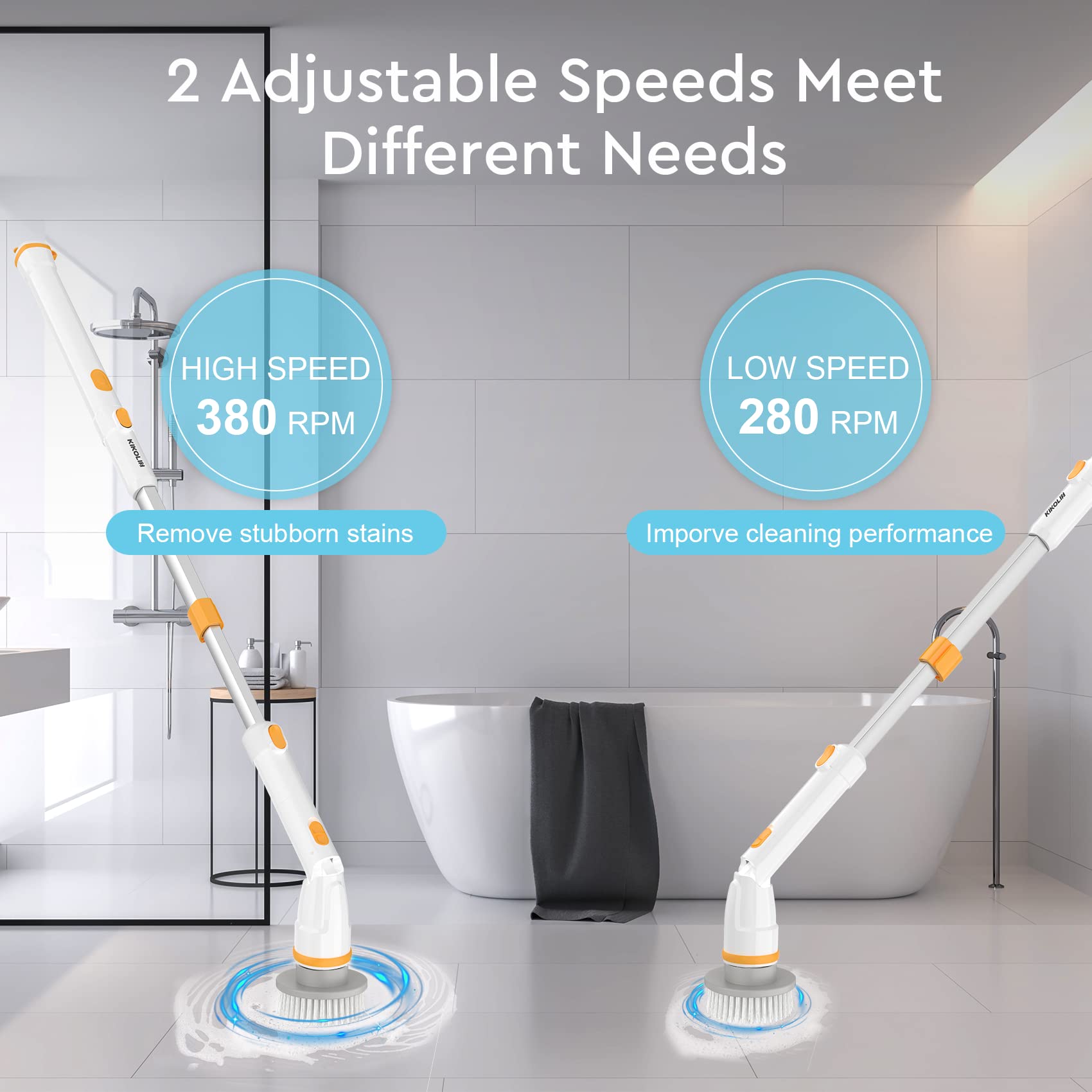 KiKoLin Estropajo eléctrico giratorio con control de velocidad de 2, cepillo de limpieza inalámbrico para baño, suelo, cocina con 4 cabezales de cepillo reemplazables y mango largo de extensión