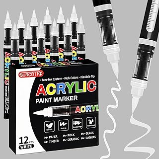 Surcotto 12 PCs White Acrylic Paint Markers, Soft Brush Tip Pens and Markers, Acrylic Paint Pens for Wood, Stone, Canvas, Glass, Fabric, Egg, Rock Painting and DIY Crafts Art Supplies