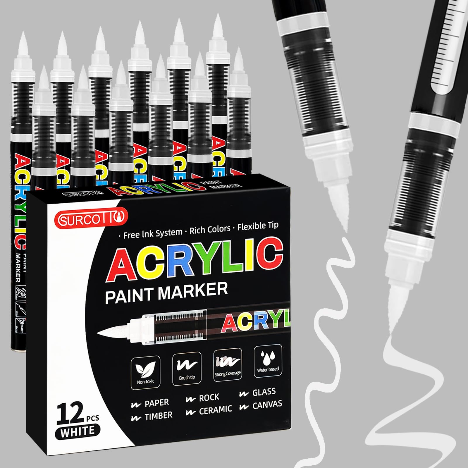 Surcotto 12 White Acrylic Paint Pens, Acrylic Brush Markers,Water-based Acrylic Paint Pens,Paint Markers Brush Tips for Adults-Acrylic Pens for Rocks,Wood,Glass,Fabric & Paper,Shoes,Mugs