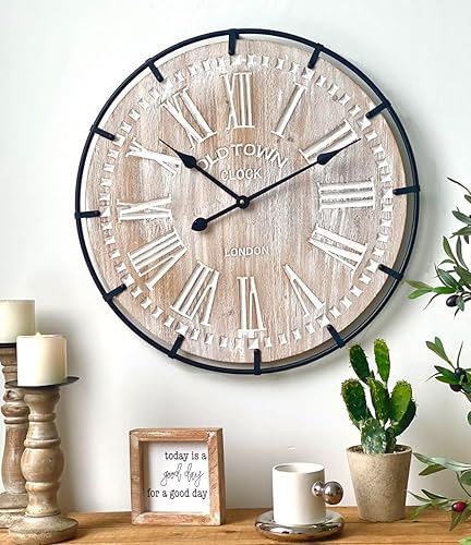 Miniatura 1 de Reloj de pared grande de 24 pulgadas, reloj de pared silencioso de madera rústica con círculo de metal y números grabados, funciona con pilas para