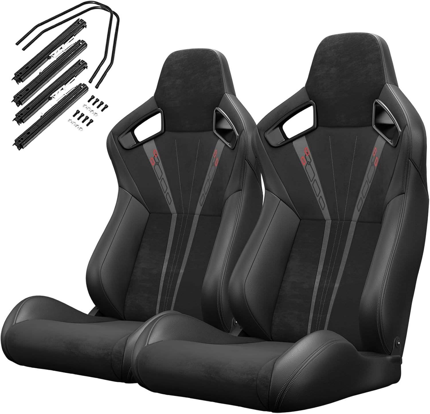 2 Pcs Universal Racing Seats with Dual Lock Sliders, Reclinable Bucket Seats for Cars, Suede Fabric (Black & Grey)