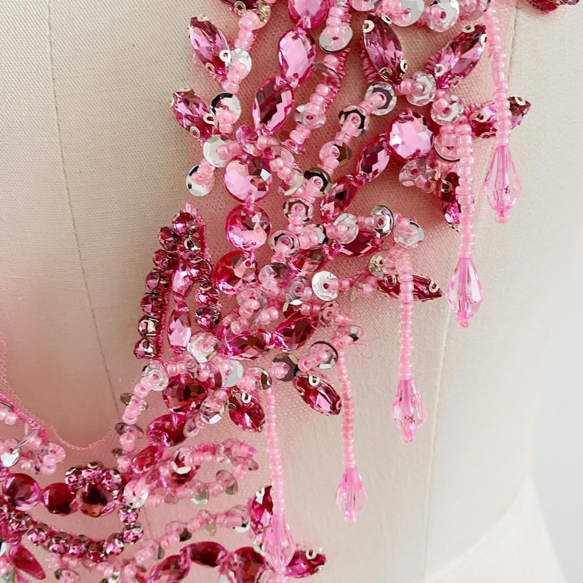 Unique Design handsewing Beads Applique sew on Rhinestones Crystal Sequins Tassel Patches Trimming for One-Shoulder Dress Shining Decoration Accessories 20X9.4 inches (Pink)