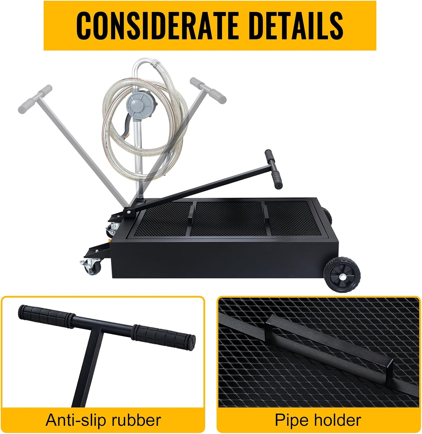 Oil Drain Tank, 20-Gallon Low Profile Oil Drain Pan with Pump, Ergonomic Handle, Hose, Swivel Casters, Fit for Car, SUV, and Truck Maintenance and Oil Change