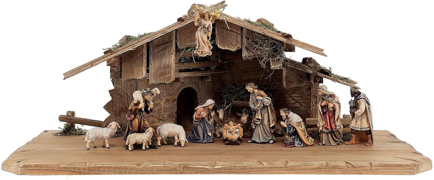 Holyart Kostner Nativity Scene 9.5 cm, 13 Figurines and Stable, in Painted Wood