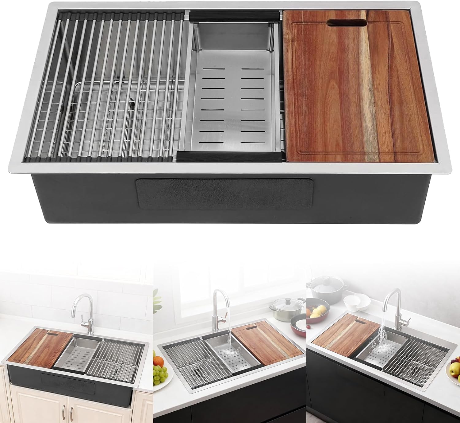 Generic 33 Inch Undermount Kitchen Sink Handmade Modern Integrated Ledge Workstation 16 Gauge Superior Drain Kitchen Sinks Fast Drain with Ledge & Accessories