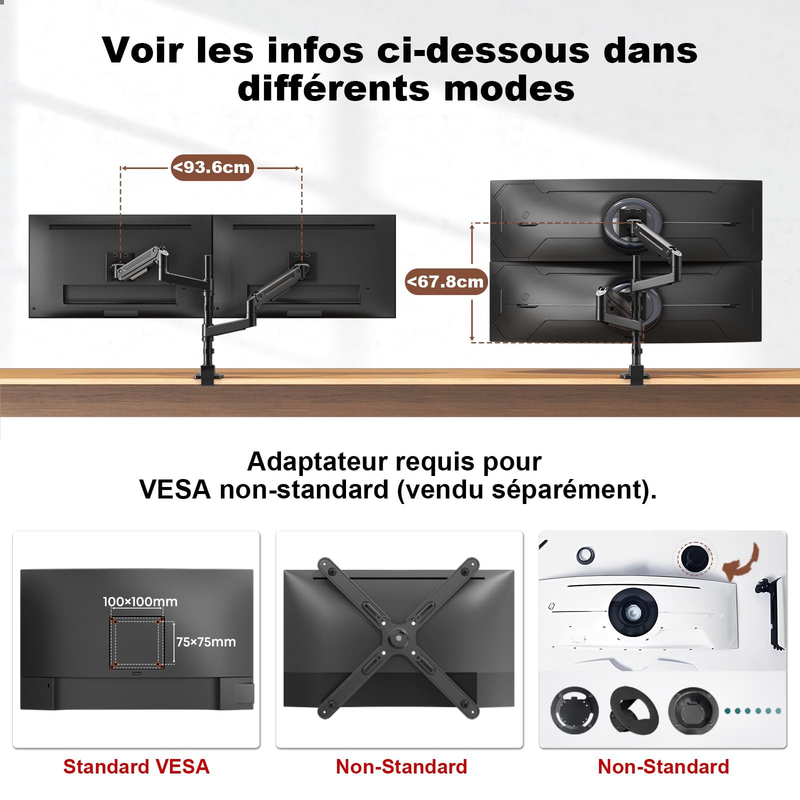 PUTORSEN Support Ecran pour 2 Moniteurs de 17 à 49 Pouces - Jusqu'à 20 kg par Bras, Fixation de Bureau Extra-Longue réglable en Hauteur et pivotante pour Une ergonomie optimale, VESA 75/100 mm