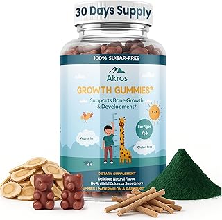 Akros Growth Gummies for Kids & Teens | Sugar-Free Calcium + Vitamin D3 & K2 Gummies - Height & Bone Support | Ashwagandha, Spirulina, L-Arginine | Non-GMO, Gluten-Free, 60 Raspberry-Watermelon Bears