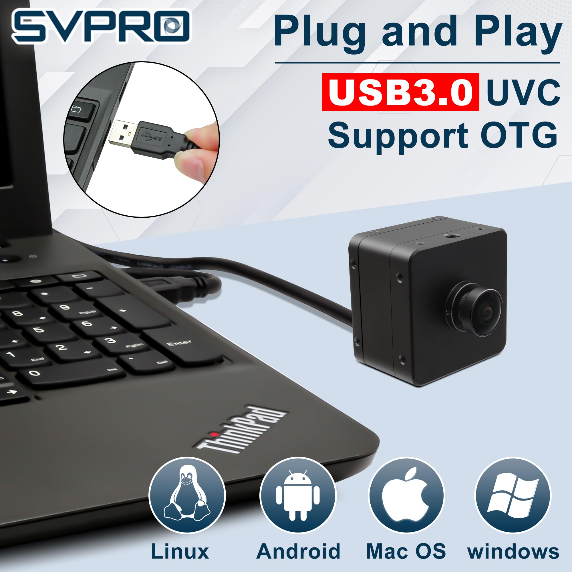Svpro Caméra d'obturation Globale USB 3.0, 1200p 120fps, 720p 200fps Webcam Haute Vitesse avec boîtier en métal pour numérisation 3D, VR/AR, Grand Angle Fisheye 153°, caméra UVC pour Ordinateur et