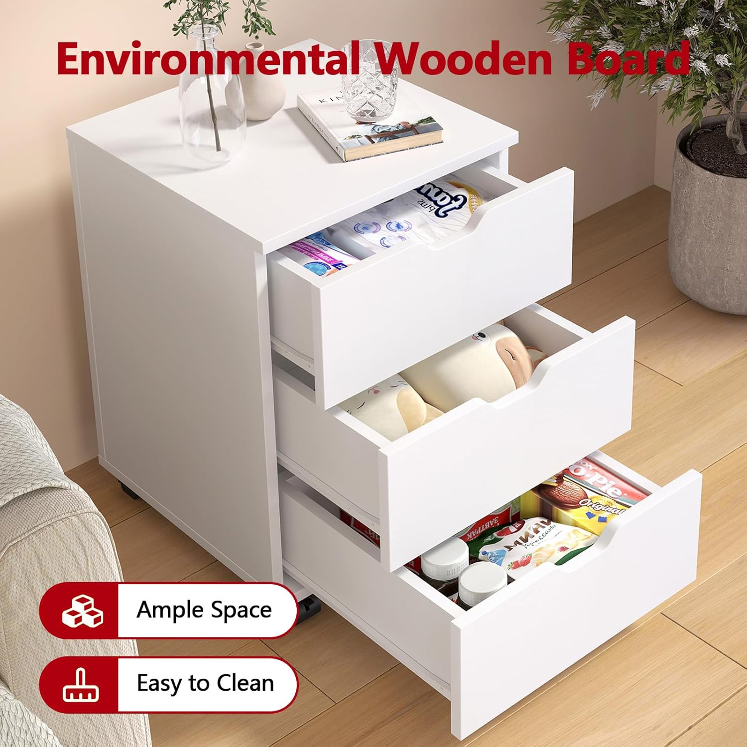 3 Drawer File Cabinet with Wheels, Heavy-Duty Steel Rolling Drawer Cabinet, Under Desk Filing Cabinet for Home Office Storage, 15.74" W x 15.74" D x 22.16" H (White)