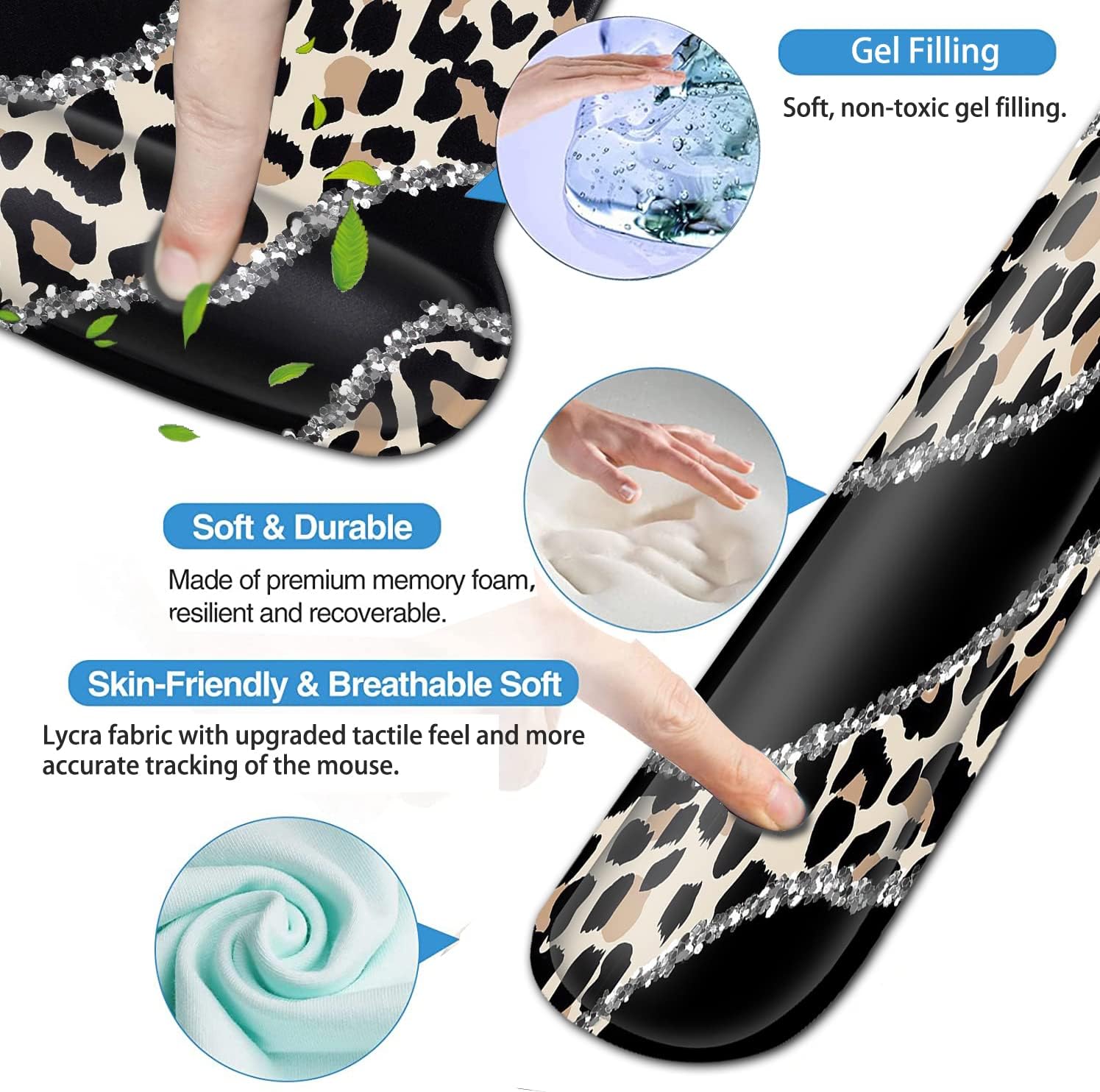 Ergonomic Mouse Pad Wrist Support and Memory Foam Keyboard Wrist Rest Set,Gel Mouse Mat with Non-Slip PU Base,Keyboard Palm Rest for Home Office Wireless Gaming Black Mouse Pad Leopard Pattern