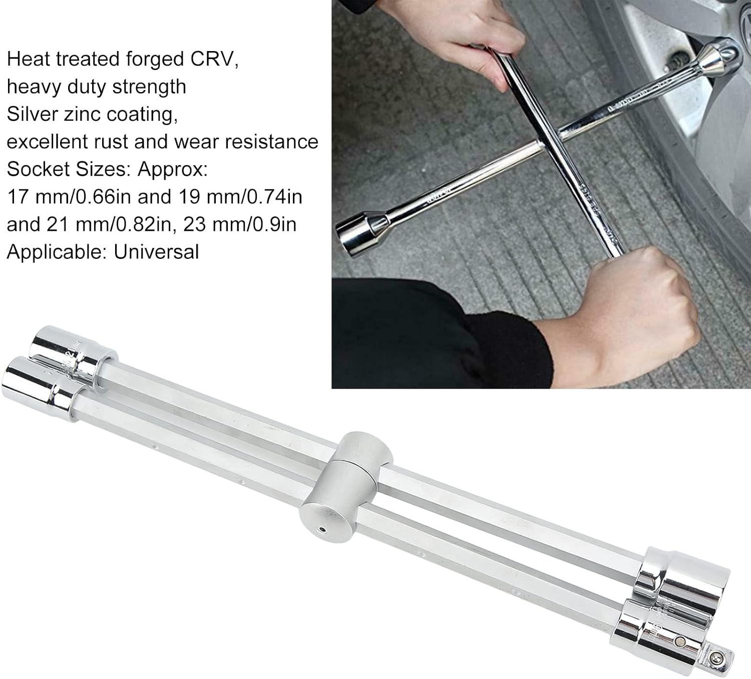 Acouto /2in Wrench 4 Way Lug Wrench, Folding with Adapter, Lug, 4 Way, Folding, Duty, /2in Drive Adapter, 17mm Nut, 19mm L