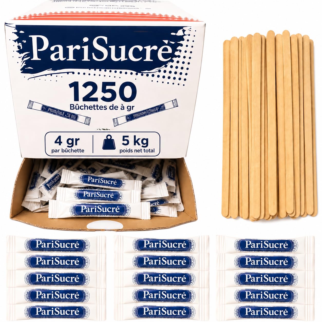 Lot de 1250 Dosette Sucre Bûchettes Individuels de 4g (5kg) avec un lot d'agitateurs en bois - Idéal pour les Boissons Chaudes, Cafés et Thés