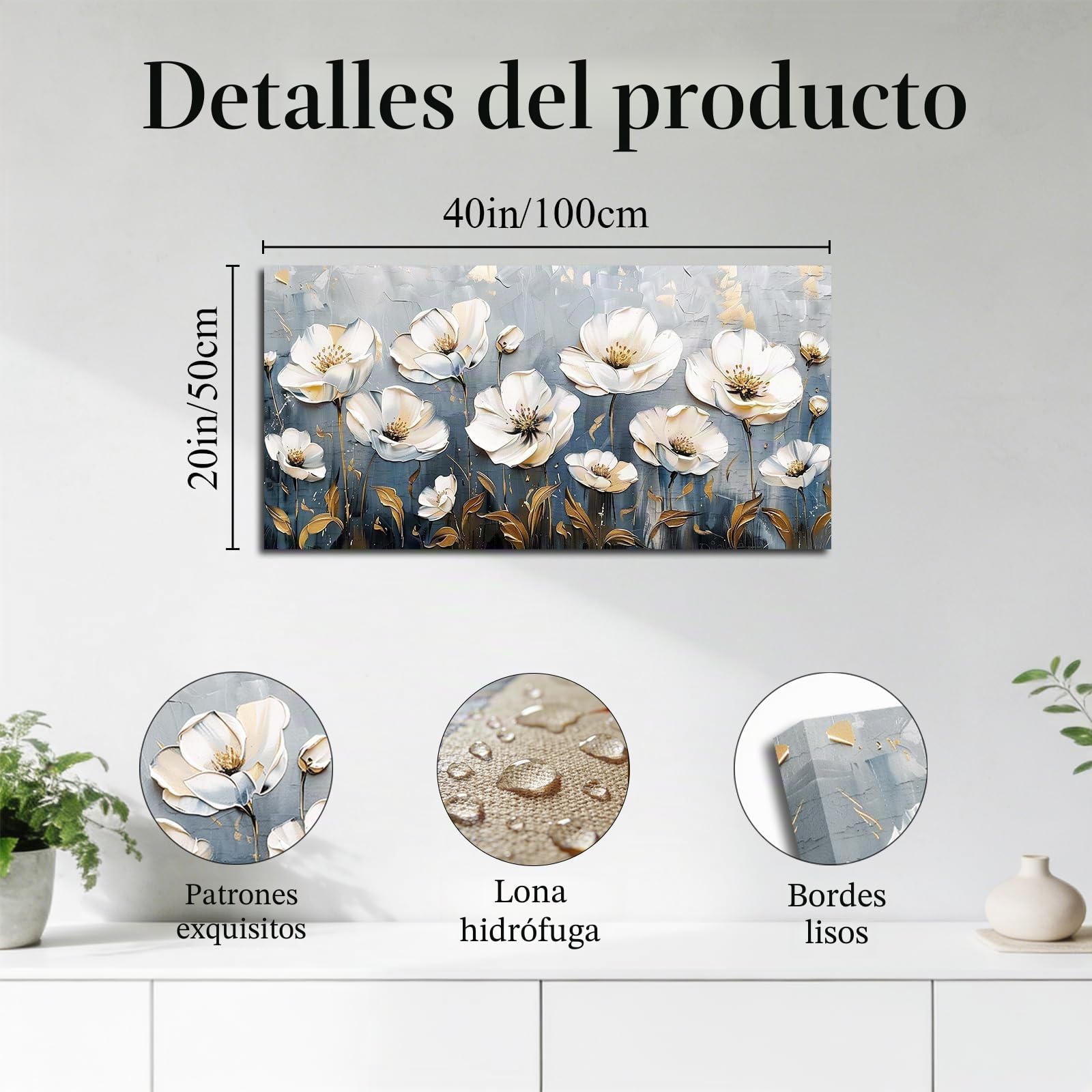 SERIMINO Cuadros Decoracion Flores Modernos Naturaleza Grandes 50x100 cm | Flores Blancas; Madera Maciza, Impresión Hd; Instalación Sencilla; Multiespacio, Regalo Ideal