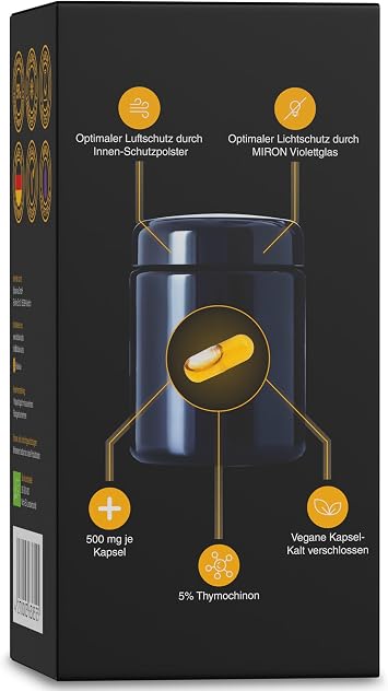Premium Organic Black Cumin Oil Capsules High Dose - 5000 mg Thymoquinone - 60 Vegan Capsules 2-Month Supply - Nigella Sativa Laboratory Tested & Made in Germany - Light-Protected Purple Glass (Pack of 1)