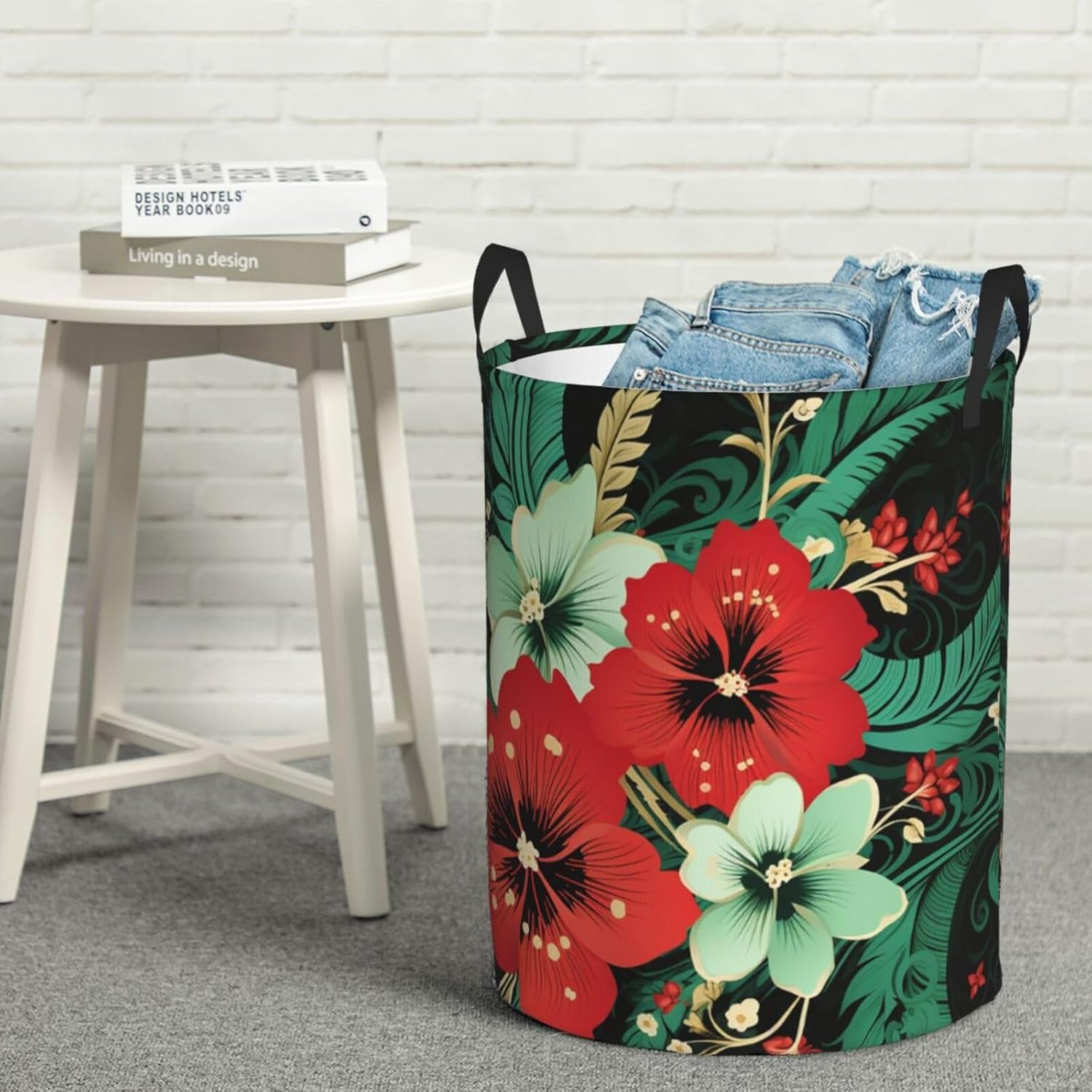 Green and red flowers Laundry Basket With Handles, Foldable Laundry Hamper Oxford Cloth Dirty Clothes Basket Waterproof Clothes Toys Storage Bin Organizer for Bedroom Bathroom Dorm