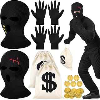 26 Pieces Robber Costume Set, Include Robber Mask, Canvas Dollar Sign Money Bag, Cotton Gloves Halloween Bandit Cosplay Costume Accessories for Bank Burglar Thief Pirate Theme Party