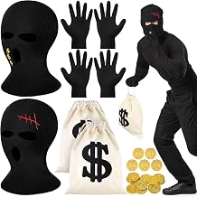 Yoiemivy 26 Pieces Robber Costume Set, Include Robber Mask, Canvas Dollar Sign Money Bag, Cotton Gloves Halloween Bandit Cosplay Costume Accessories for Bank Burglar Thief Pirate Theme Party