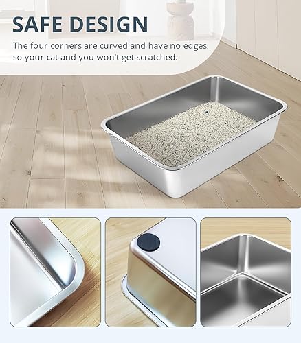 Miniatura 4 de WENBOKMIN Caja de arena para gatos de acero inoxidable, caja de arena para gatos de 8 pulgadas de profundidad, gran lados altos, bandeja de arena