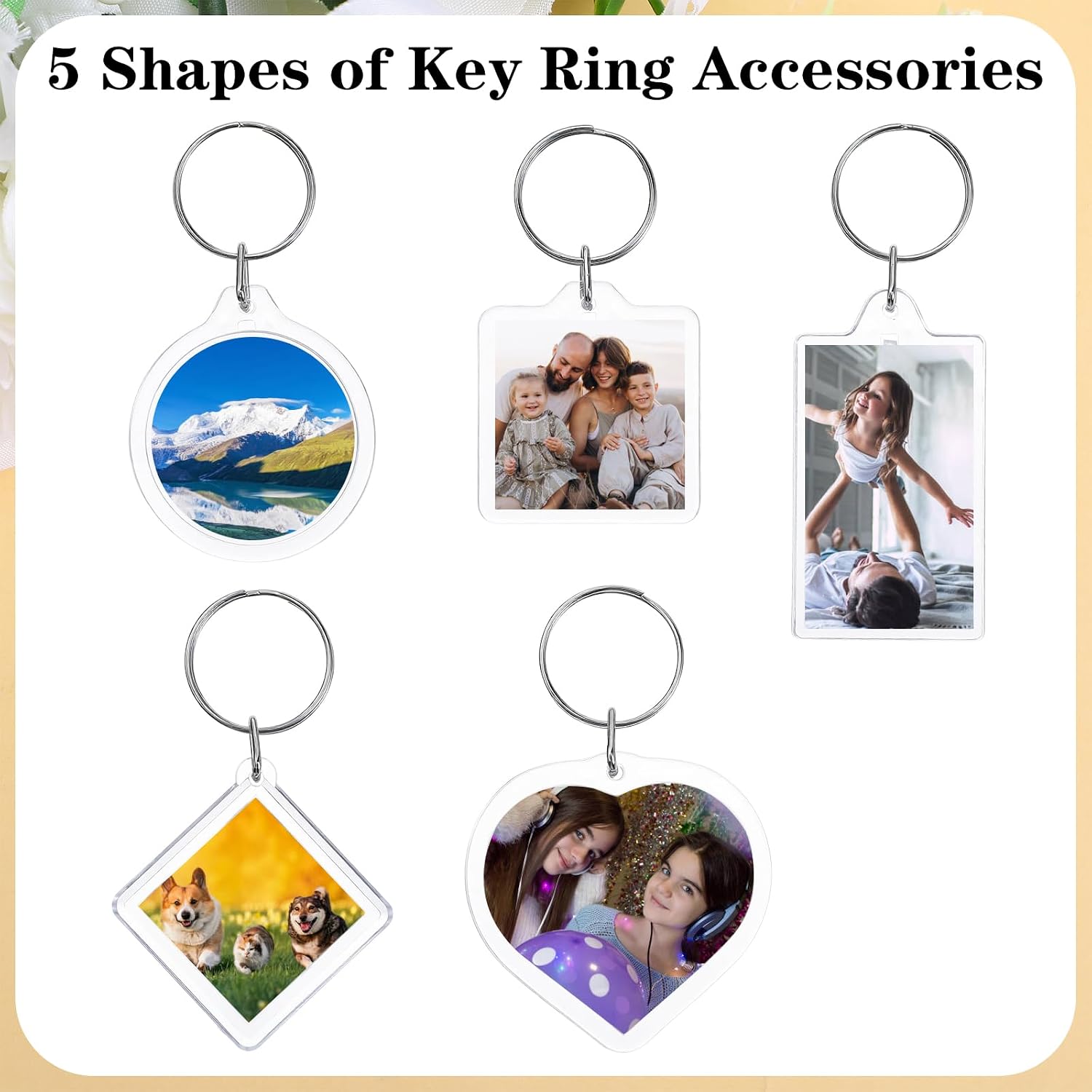 MAQUITA 200 Pcs Pendant Picture Frame Keyrings, 5 Style Clear Blank Picture Keychain with Split Ring, Photo Insert Keychains for Women Men DIY Craft Party Gift Support