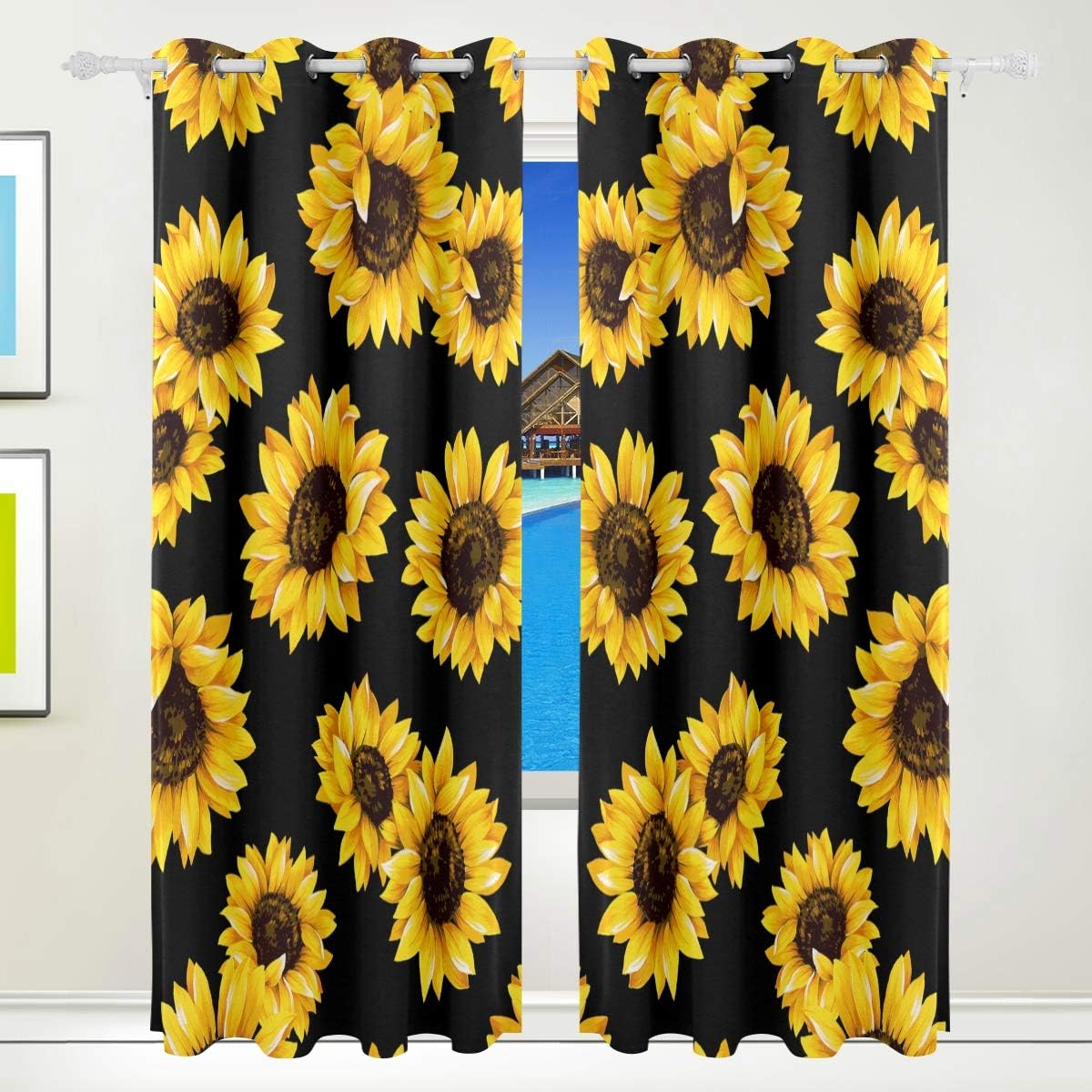 WIHVE Watercolor Sunflower Grommet Curtains Blackout Curtain Home Decor for Patio Window Sliding Glass Door 55x84 inches, 2 Panels Set