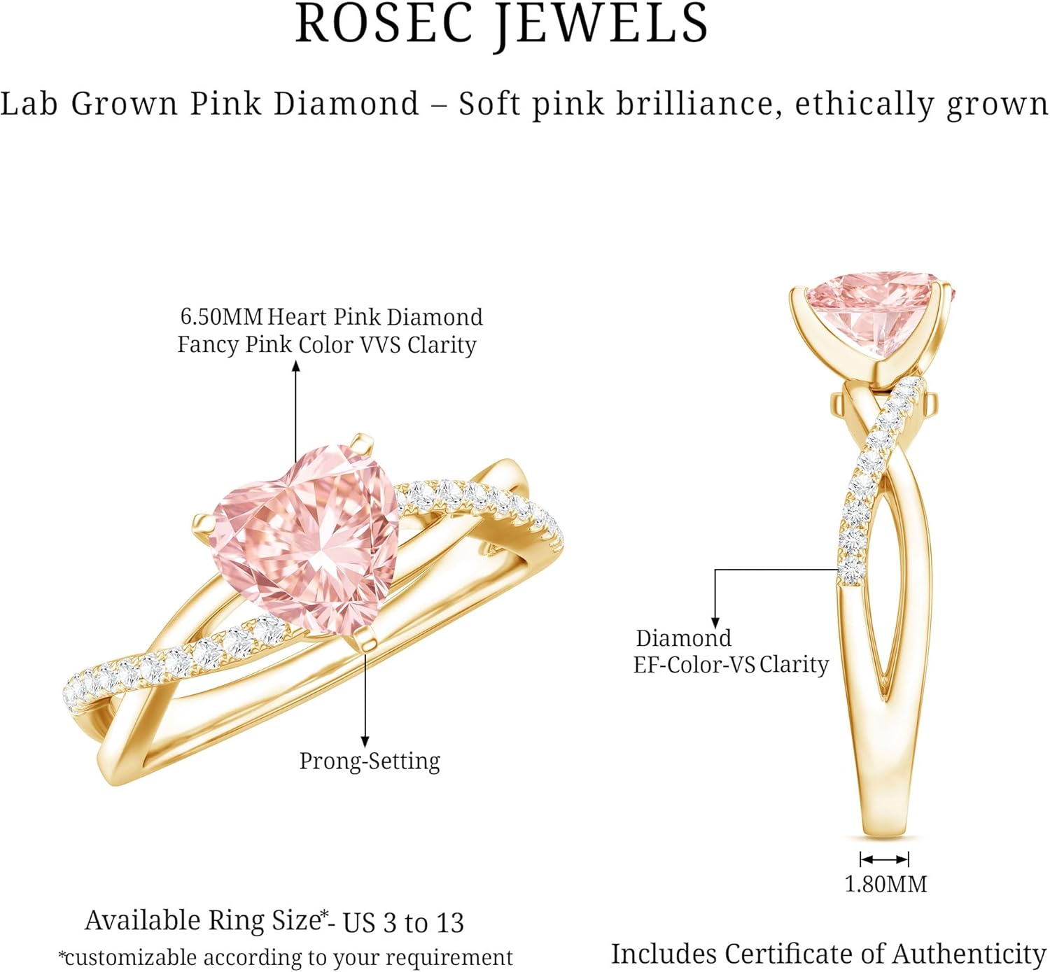 Certified 1 Carat Lab Grown Pink Diamond Heart Engagement Ring, Fancy Pink Color - Vvs Clarity - Gift For Women