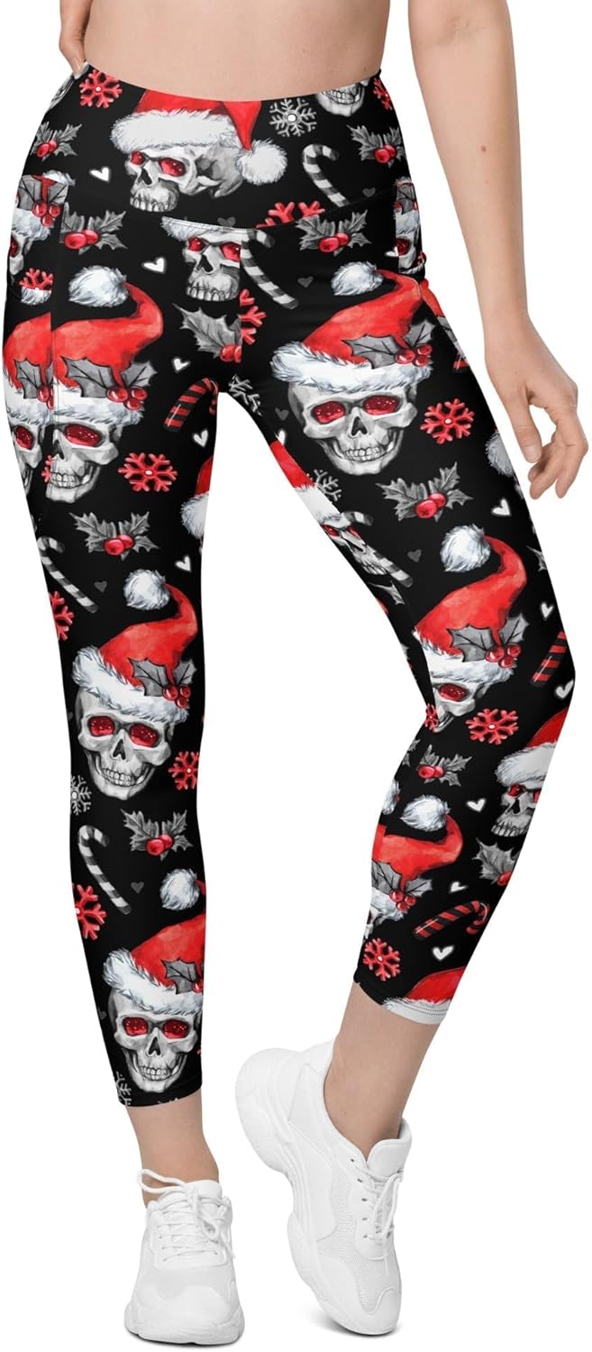 FIERCEPULSE Christmas Skulls Leggings with Pockets – High-Waisted Holiday Skull Print Leggings for Women