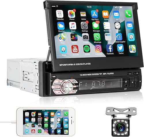 Rimoody - Radio estéreo para automóvil con pantalla táctil DIN individual con Bluetooth, pantalla abatible eléctrica de 7 pulgadas, enlace de