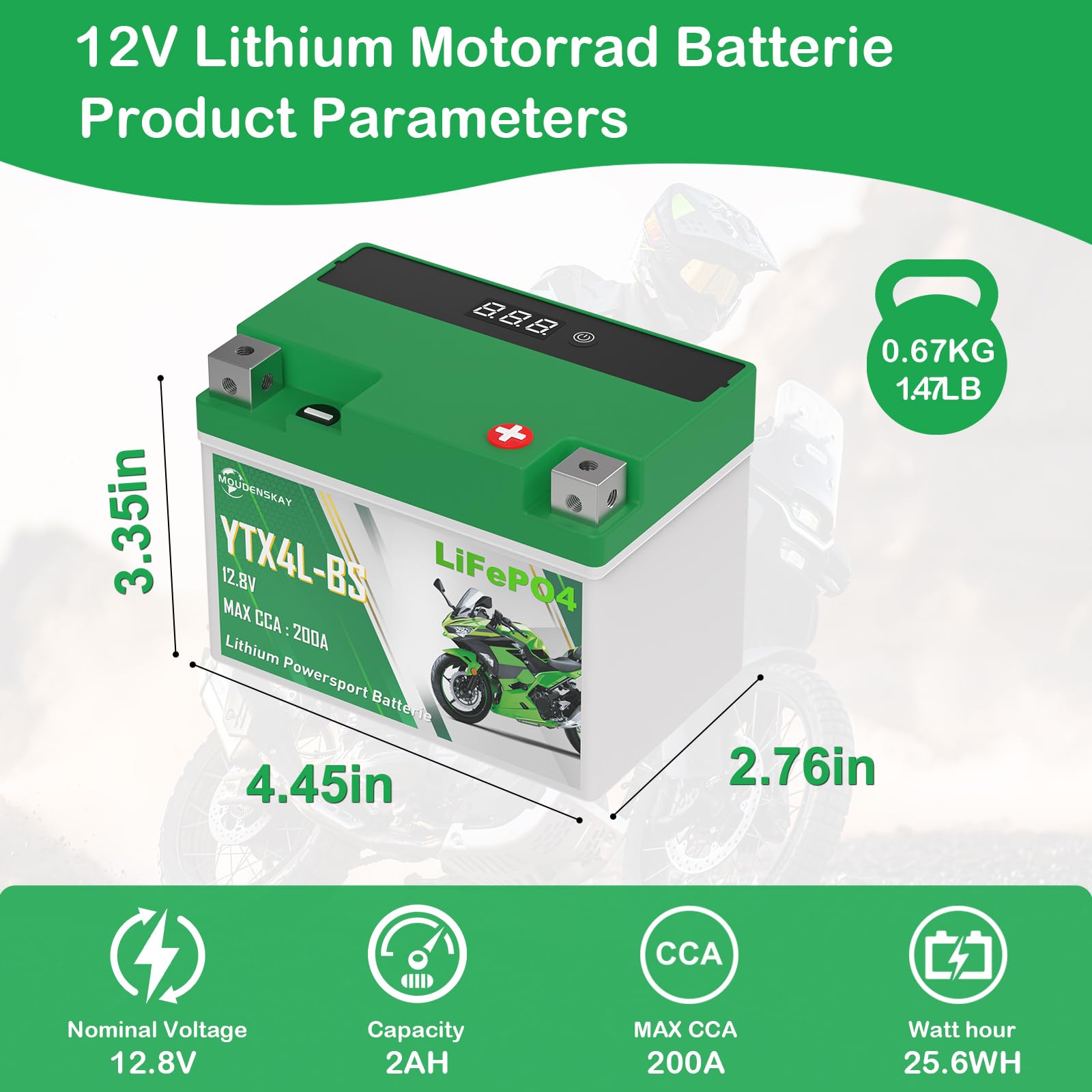 Lithium Motorrad Batterie 12V CCA200+ YTX4L-BS LiFePO4 Starterbatterie mit BMS