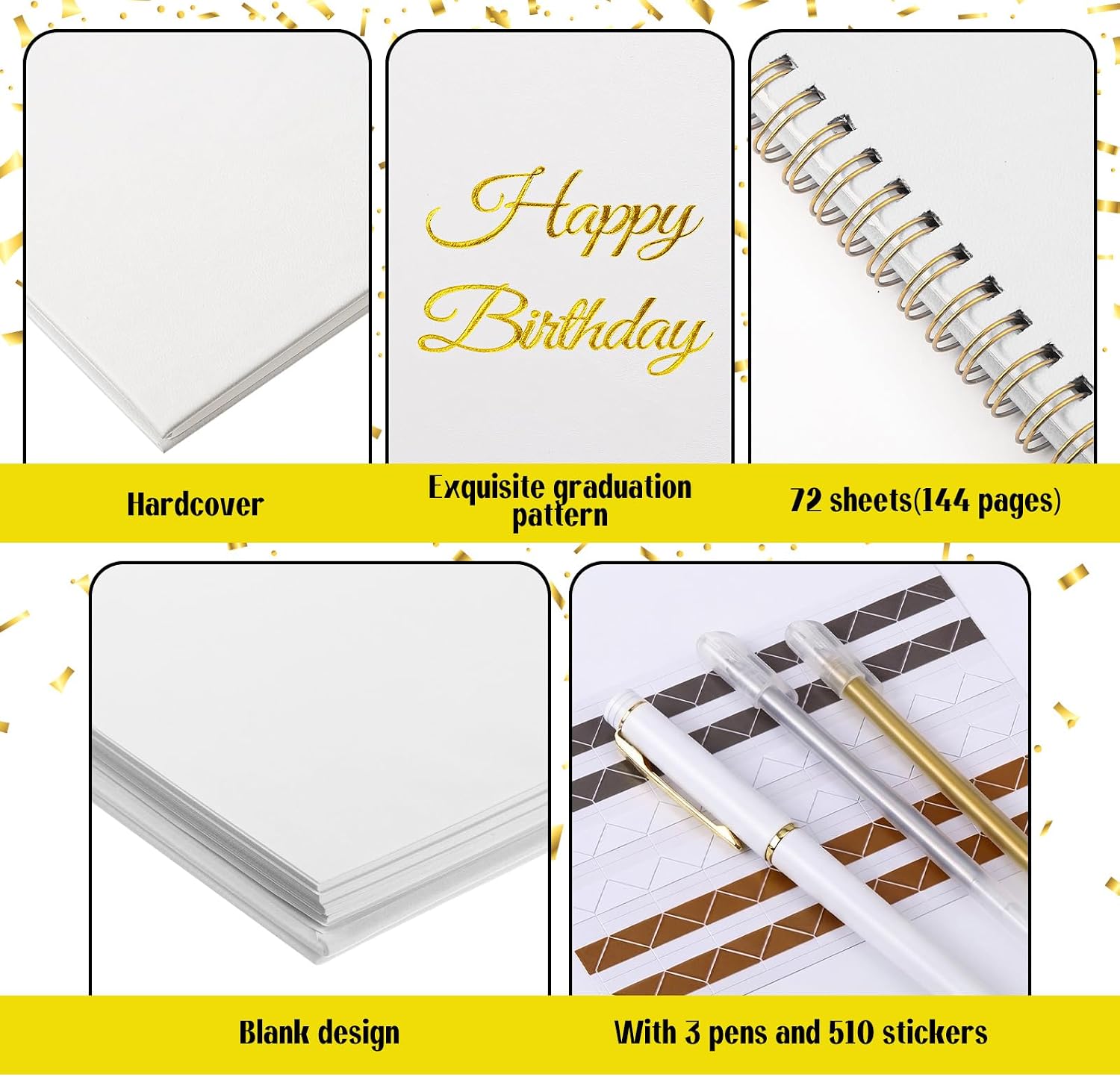 Mooliwe Birthday Guestbook with Pens Stickers Hardbound Book 8.3 x 6.5 Inch Hardcover Hardbound Signature Guest Book for Photobooth Photo Strips Scrapbook Party Supplies (White, Birthday)