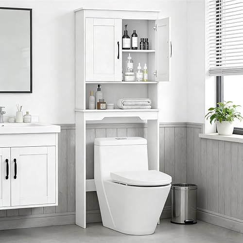Giantex Armario de almacenamiento sobre el inodoro, ahorro de espacio de doble puerta sobre el inodoro con estante ajustable y cubo de