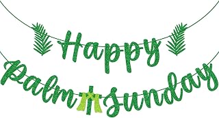 GXSOVSO Happy Palm Sunday Banner, Palm Leaves Decor for Palm Sunday, Green Glitter