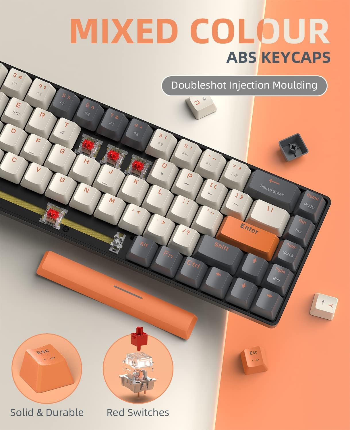 K68 60% Bezprzewodowa Mechaniczna Klawiatura do Gier,Bluetooth 5.0/2.4Ghz 68 Klawiszy Kompaktowa Klawiatura z Odbiornikiem w Dwóch Trybach,Hot Swap,Czerwone przełączniki,na PC,PS4(Zmierzch)