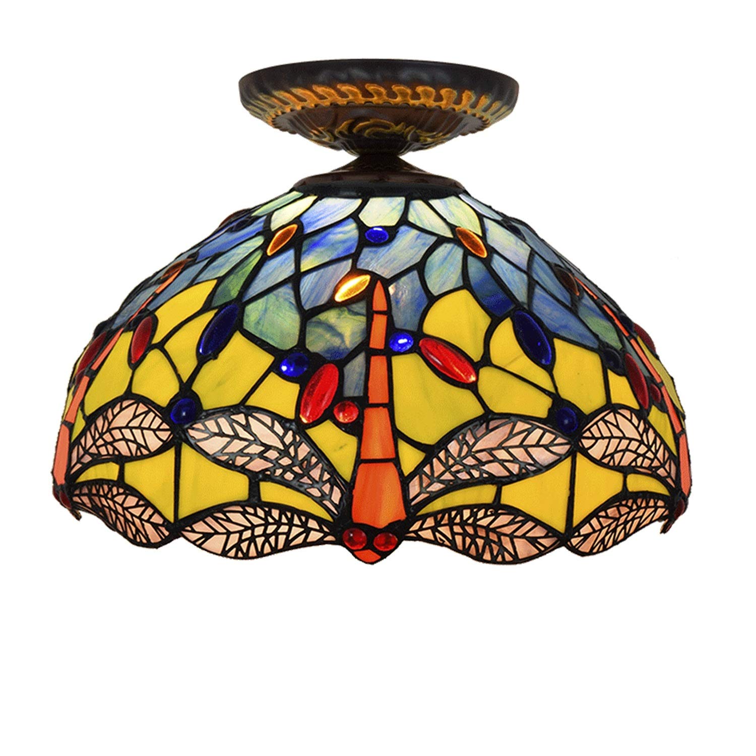 Plafonnier Tiffany style vitrail jaune libellule pour éclairer le salon
