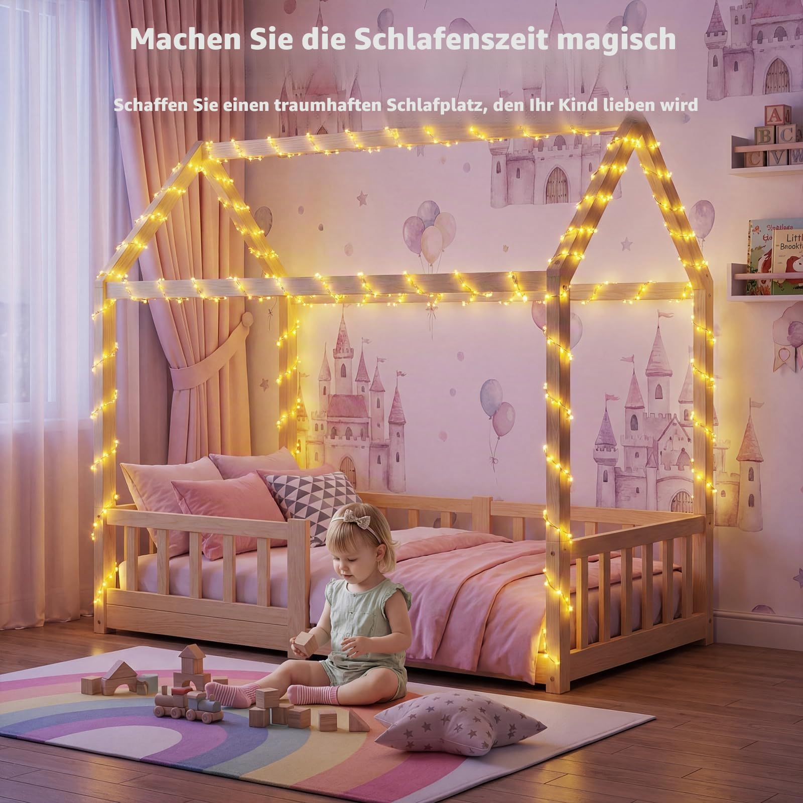 70x140cm Holz Kinder Hausbett mit Rausfallschutz und Lattenrost | Schön Montessori Bodenbett für Kleinkind, Kiefernholz Massiv Kinder Bett geeignet für Mädchen und Jungen