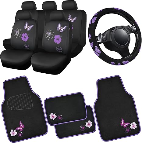 CAR PASS Universal Cloth Butterfly Car Seat Covers Full Set, Embroidered Flower Waterproof Car Floor Mats Carpet, Butterflies Steering Wheel Cover for Car Accessories Interior Sets (Black and Purple)